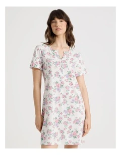 Cotton Jersey Short Sleeve Half Placket Nightie in Rose Flowers
