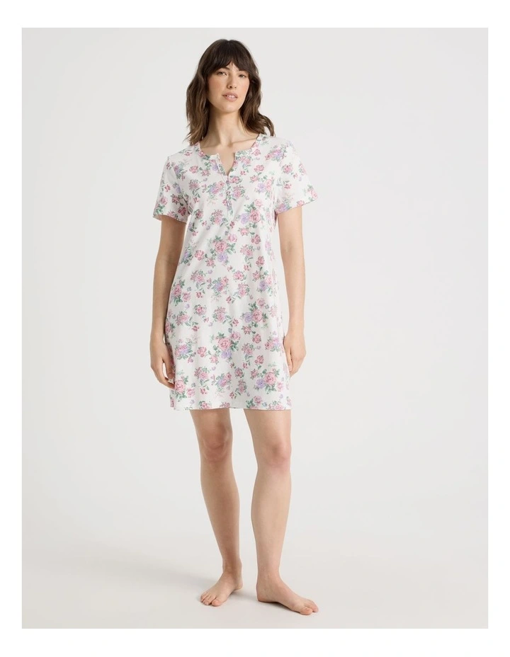 Cotton Jersey Short Sleeve Half Placket Nightie in Rose Flowers image 2