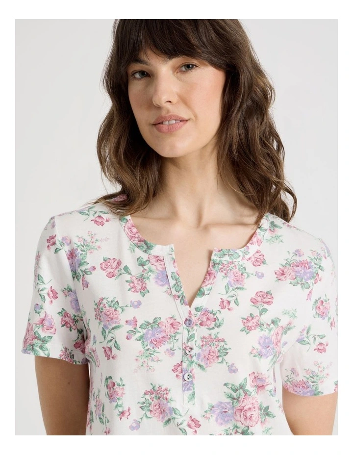 Cotton Jersey Short Sleeve Half Placket Nightie in Rose Flowers image 3