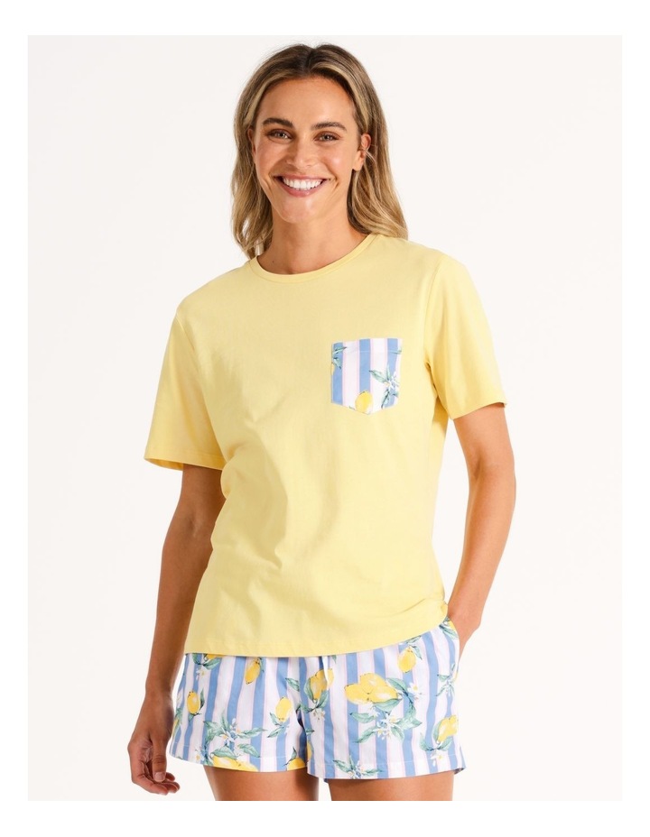 Cotton Knit Short Sleeve PJ Set in Lemon Stripe Lt Blue