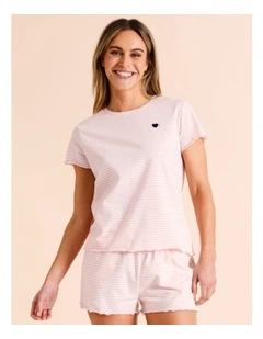 Snug Fluted Edge Short Sleeve PJ Set in Pink Stripe
