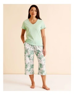 Essentials V-Neck 3/4 Pant PJ Set in Pistachio Floral Print