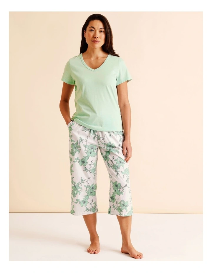 Essentials V-Neck 3/4 Pant PJ Set in Pistachio Floral Print image 1