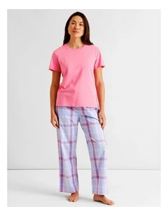 Essentials Crew Neck Long Pant PJ Set in Blue Check Print