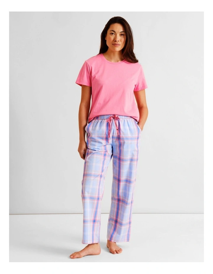 Essentials Crew Neck Long Pant PJ Set in Blue Check Print image 3