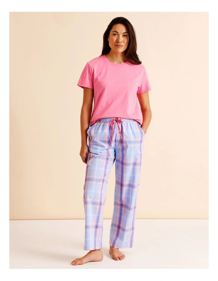 Essentials Crew Neck Long Pant PJ Set in Blue Check Print image 3
