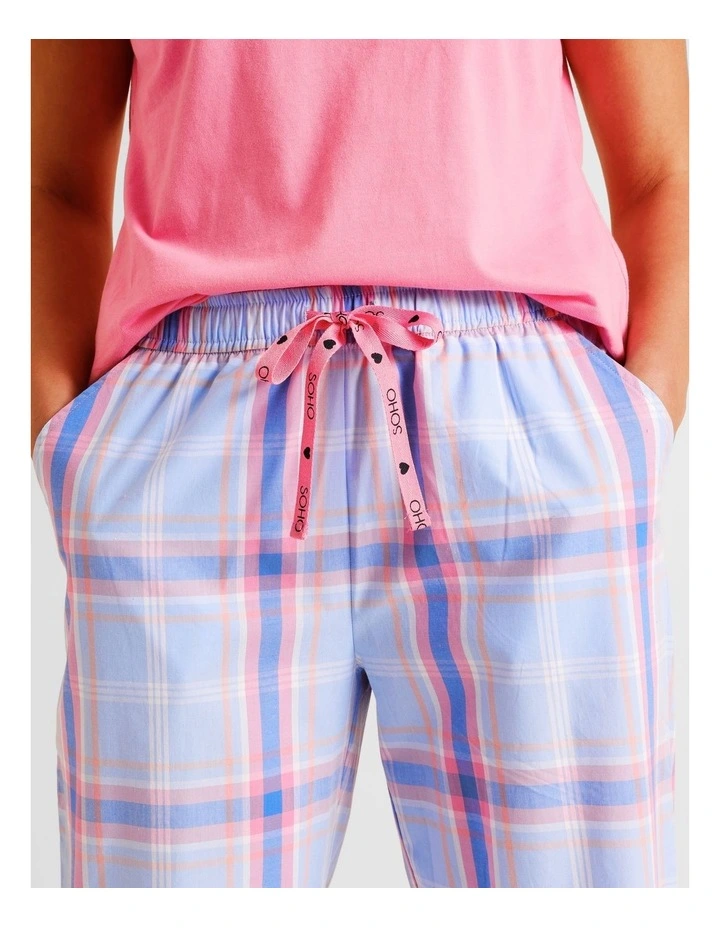 Essentials Crew Neck Long Pant PJ Set in Blue Check Print image 4