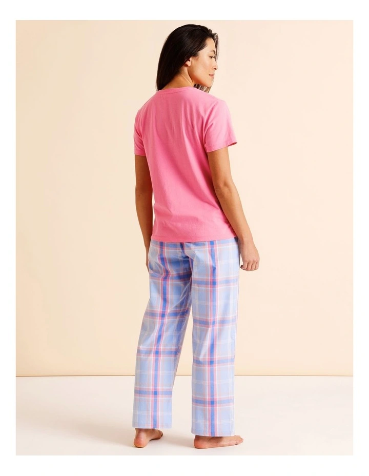Essentials Crew Neck Long Pant PJ Set in Blue Check Print image 5
