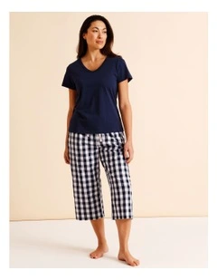 Essentials V-Neck 3/4 Pant PJ Set in Navy Gingham Print