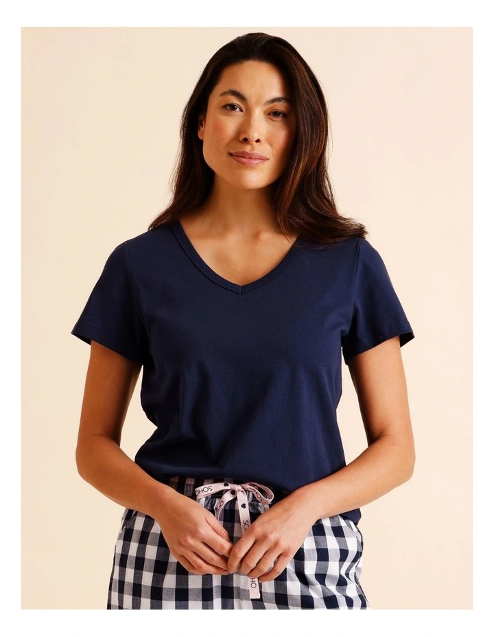 Essentials V-Neck 3/4 Pant PJ Set in Navy Gingham Print image 2