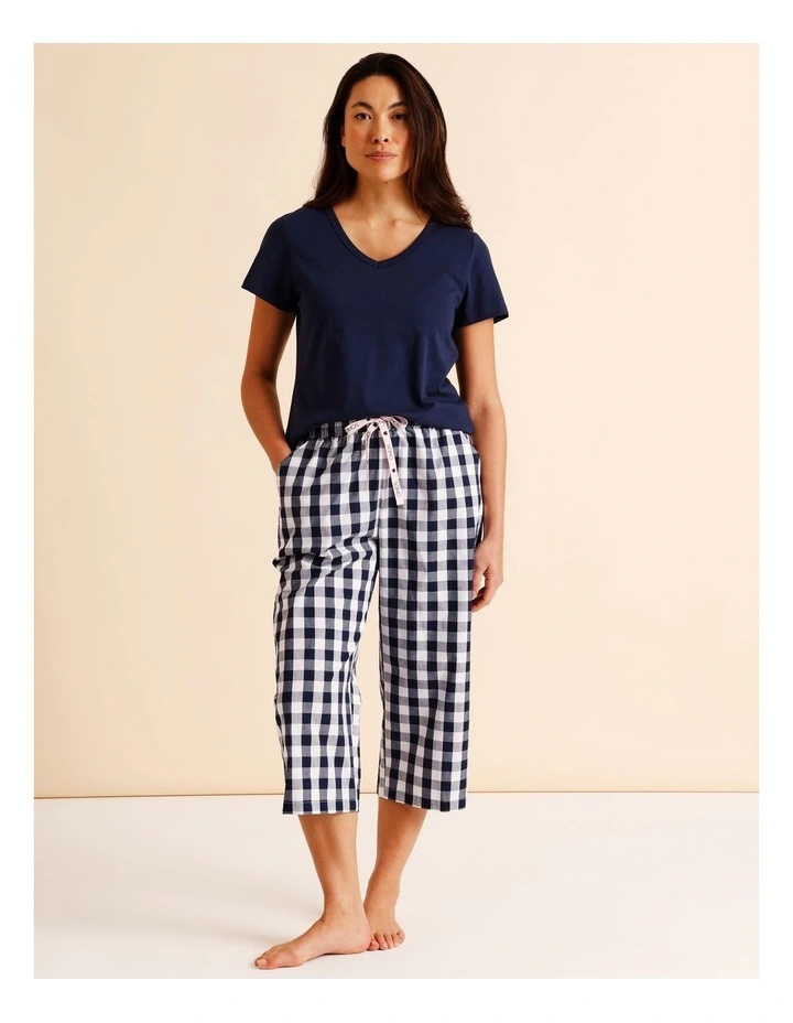Essentials V-Neck 3/4 Pant PJ Set in Navy Gingham Print image 3