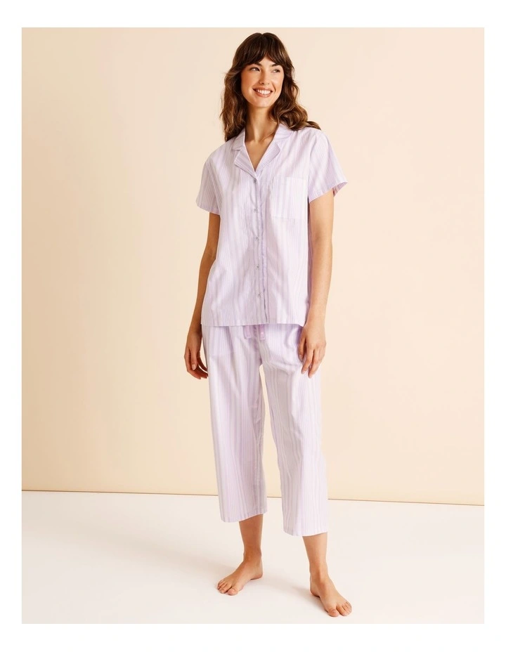 Core Cotton Short Sleeve 3/4 Pant PJ Set in Lilac Stripe Print image 4