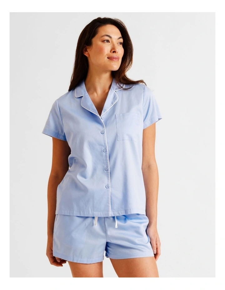 Core Cotton Sateen Short Sleeve Short PJ Set in Blue image 3