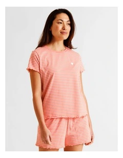 Everyday Fluted Edge Short Sleeve PJ Set in Apricot Stripe Print