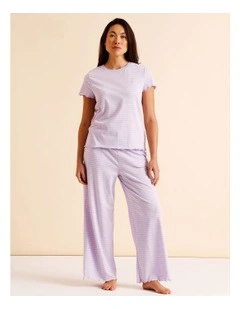 Everyday Fluted Edge Short Sleeve Long Pant PJ Set in Lilac Stripe Print