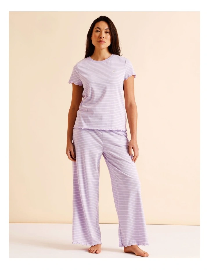 Everyday Fluted Edge Short Sleeve Long Pant PJ Set in Lilac Stripe Print image 1