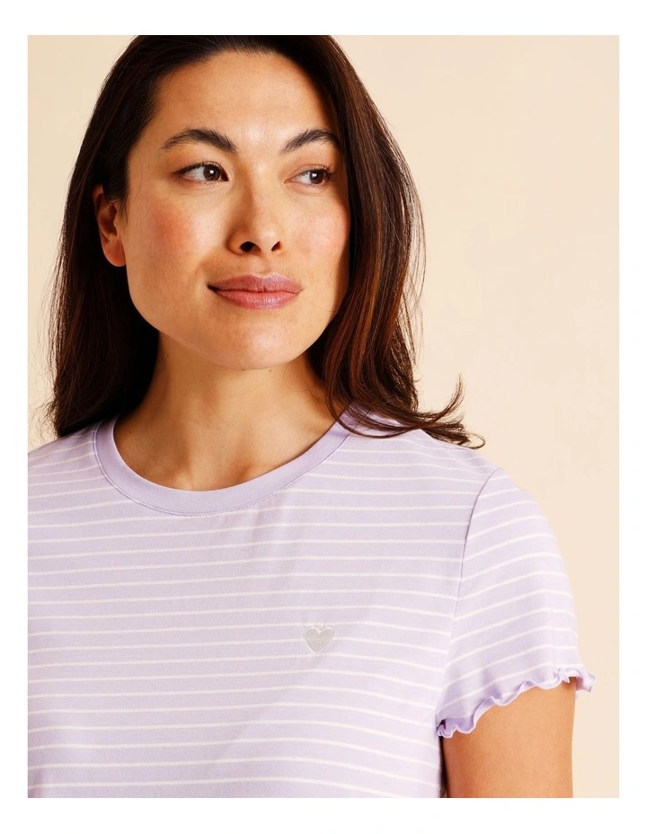 Everyday Fluted Edge Short Sleeve Long Pant PJ Set in Lilac Stripe Print image 2