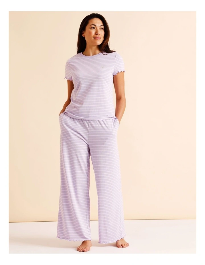 Everyday Fluted Edge Short Sleeve Long Pant PJ Set in Lilac Stripe Print image 3