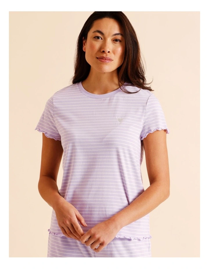 Everyday Fluted Edge Short Sleeve Long Pant PJ Set in Lilac Stripe Print image 4