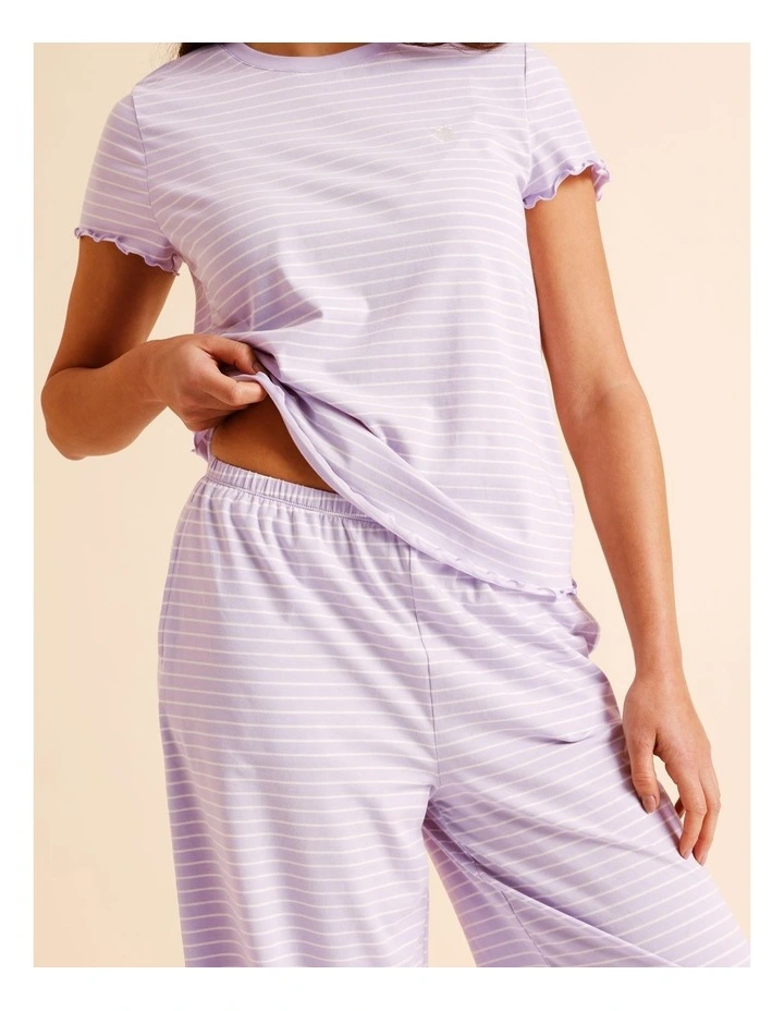 Everyday Fluted Edge Short Sleeve Long Pant PJ Set in Lilac Stripe Print image 5