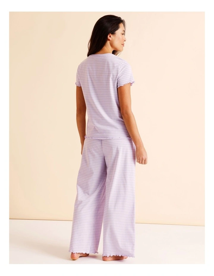 Everyday Fluted Edge Short Sleeve Long Pant PJ Set in Lilac Stripe Print image 6