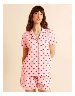 Core Cotton Sateen Short Sleeve Short PJ Set in Pink Heart Print