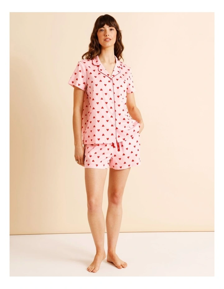 Core Cotton Sateen Short Sleeve Short PJ Set in Pink Heart Print image 2