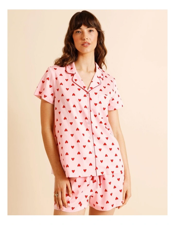 Core Cotton Sateen Short Sleeve Short PJ Set in Pink Heart Print image 3