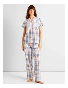 Core Cotton Short Sleeve Long Pant PJ Set in White Check Print