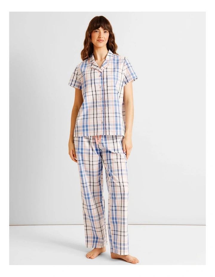 Core Cotton Short Sleeve Long Pant PJ Set in White Check Print image 1