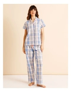 Core Cotton Short Sleeve Long Pant PJ Set in White Check Print