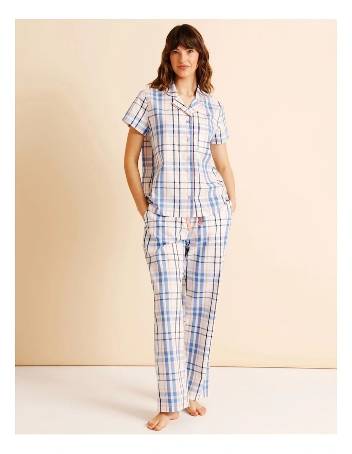 Core Cotton Short Sleeve Long Pant PJ Set in White Check Print image 4