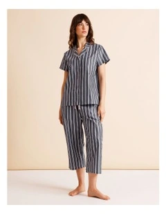 Core Cotton Short Sleeve 3/4 Pant PJ Set in Blue Stripe Print