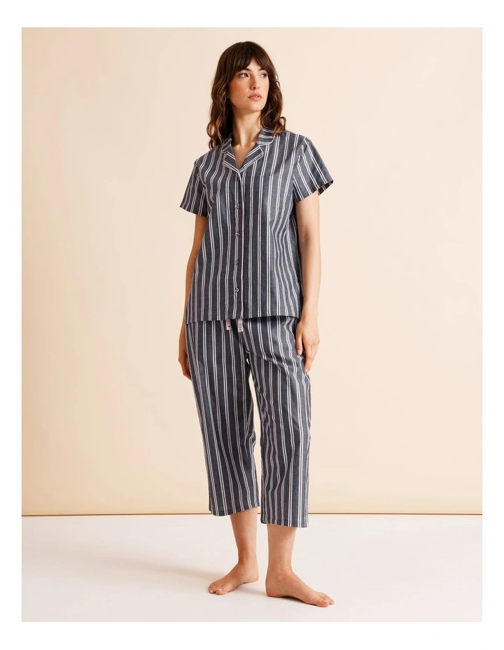 Core Cotton Short Sleeve 3/4 Pant PJ Set in Blue Stripe Print image 1