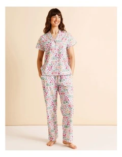 Core Cotton Short Sleeve Long Pant PJ Set in Diamond Floral Check Print