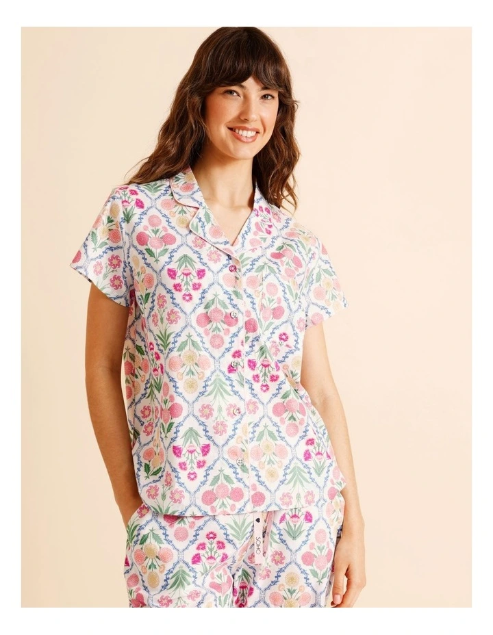 Core Cotton Short Sleeve Long Pant PJ Set in Diamond Floral Check Print image 2