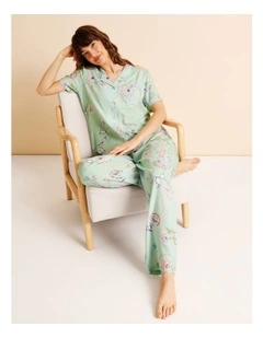Serene Woven Short Sleeve Long PJ Set in Pistachio Paisley Print