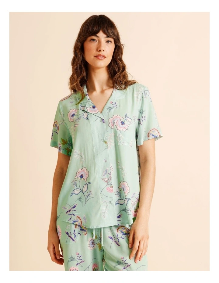 Serene Woven Short Sleeve Long PJ Set in Pistachio Paisley Print image 2