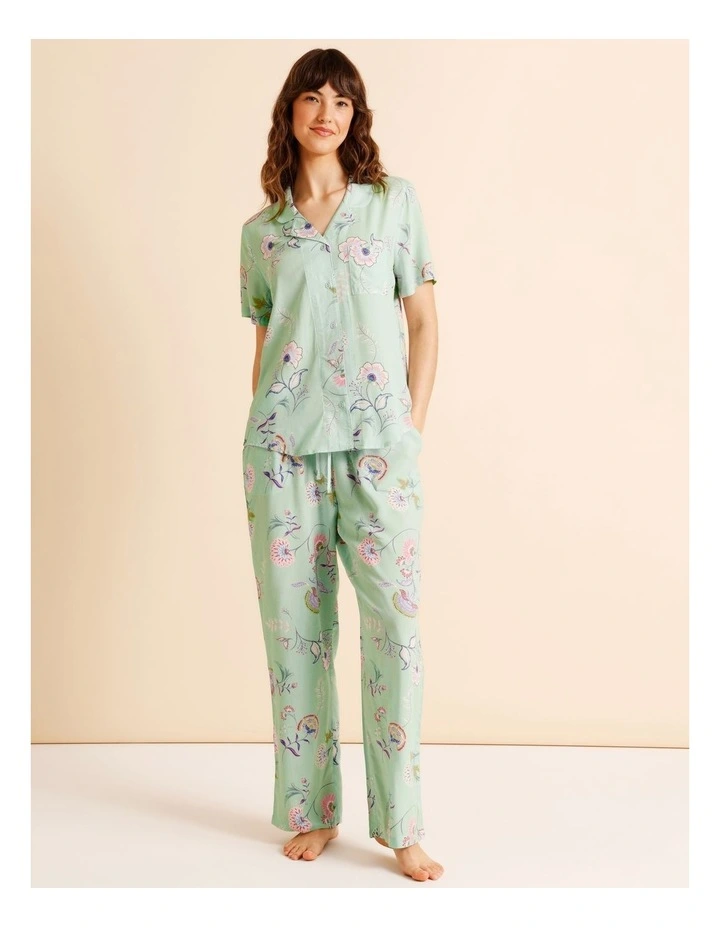 Serene Woven Short Sleeve Long PJ Set in Pistachio Paisley Print image 3
