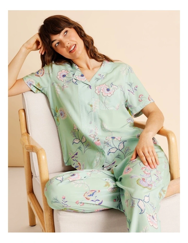 Serene Woven Short Sleeve Long PJ Set in Pistachio Paisley Print image 4