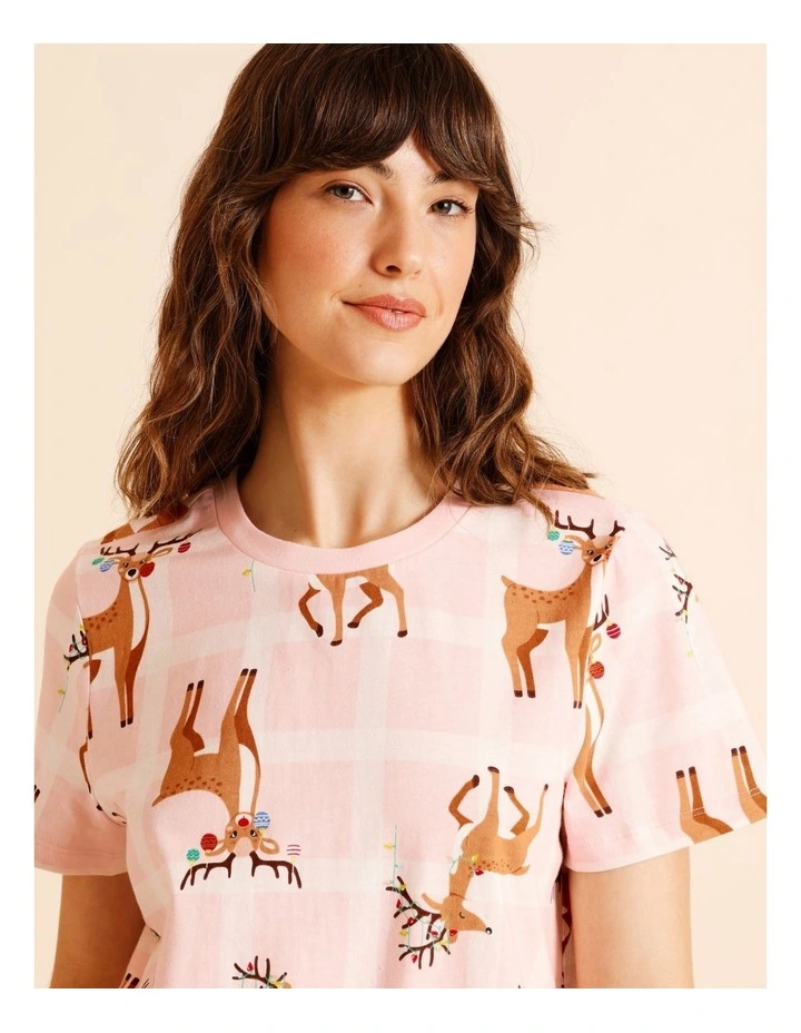 Christmas Oversized Short Sleeve PJ Set in Reindeer Check Print image 2