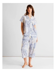 Core Cotton Short Sleeve 3/4 Pant PJ Set in Blue Tiles Print