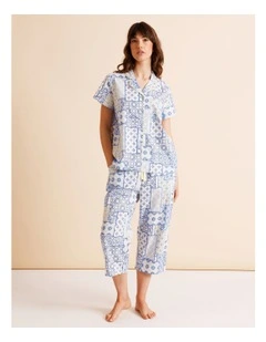 Core Cotton Short Sleeve 3/4 Pant PJ Set in Blue Tiles Print