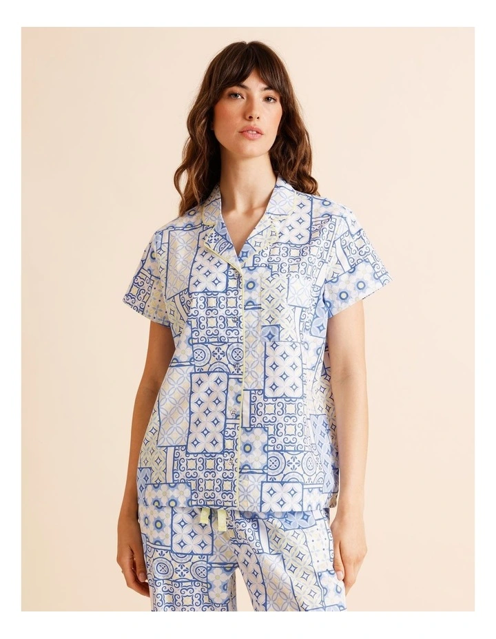 Core Cotton Short Sleeve 3/4 Pant PJ Set in Blue Tiles Print image 2