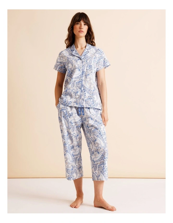 Core Cotton Short Sleeve 3/4 Pant PJ Set in White Paisley Print image 1