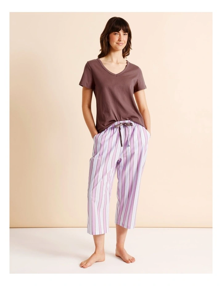 Essentials V-Neck 3/4 Pant PJ Set in Blue Stripe Print image 1