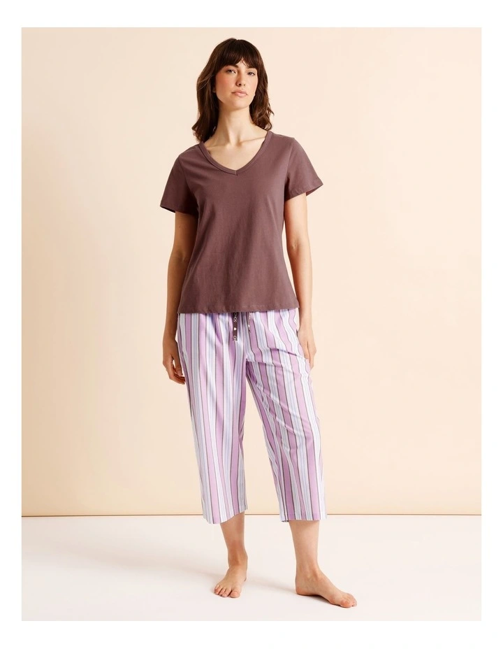 Essentials V-Neck 3/4 Pant PJ Set in Blue Stripe Print image 4