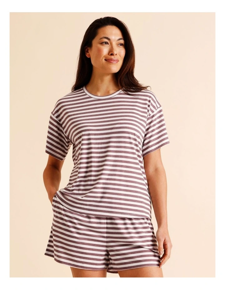 Everyday PVE Short Sleeve Short PJ Set in Taupe Y/D Stripe image 3