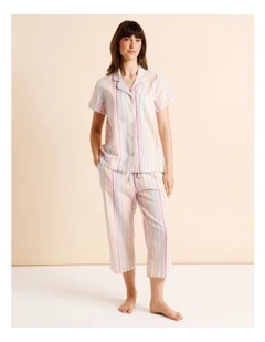 Core Cotton Short Sleeve 3/4 Pant PJ Set in Multi Yarn Dyed Stripe