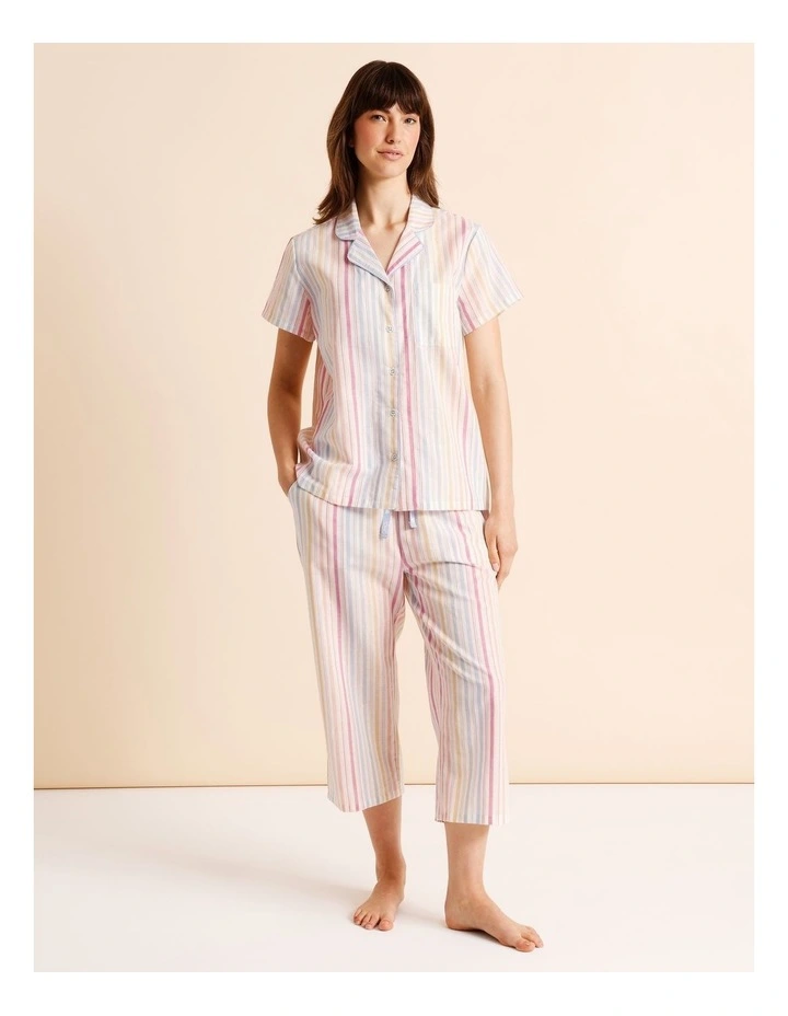 Core Cotton Short Sleeve 3/4 Pant PJ Set in Multi Yarn Dyed Stripe image 1